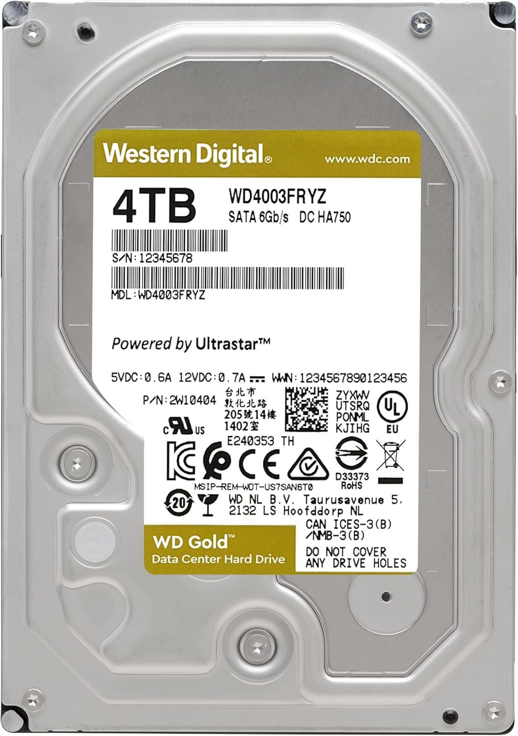 Western Digital 8TB WD Gold Enterprise Class Internal Hard Drive - 7200 RPM Class, SATA 6 Gb/s, 256 MB Cache, 3.5 - WD8004FRYZ