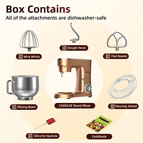 COOKLEE Stand Mixer, 9.5 Qt. 660W Electric Kitchen Mixer with Dishwasher-Safe Dough Hooks, Flat Beaters, Wire Whip & Pouring Shield Attachments for Most Home Cooks, Silver
