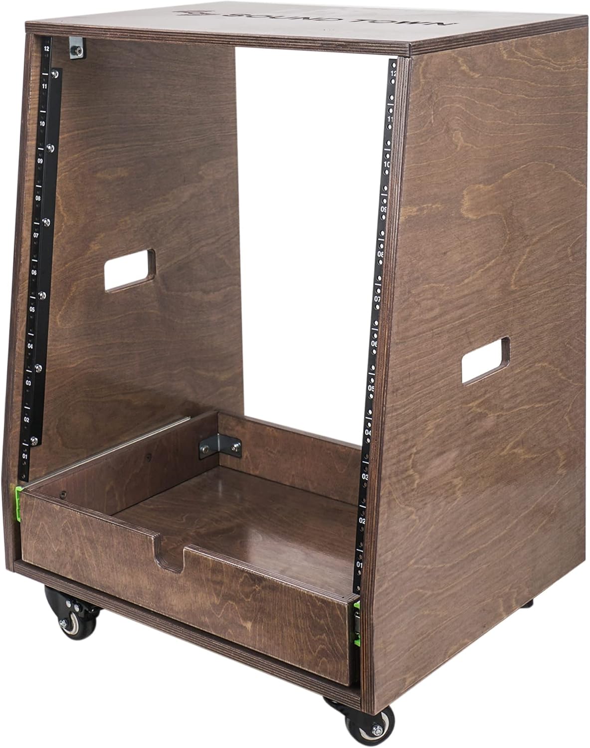 Sound Town 12U DIY Slanted Studio Rack with 12U Rack Space, Extra 2U Drawer, Plywood, Rubber Feet, Casters, Weathered Gray (SDRK-12TBD2)