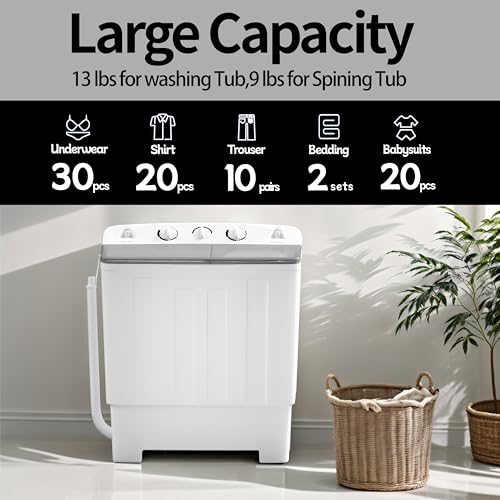 Portable Twin Tub 32lbs Washing Machine with Drying Rack&10 Hangers, 20lbs Washer Mini Compact Laundry Machine and 12lbs Spinner, Semi-automatic Washer Combo for Dorms, Apartment (32lbs)