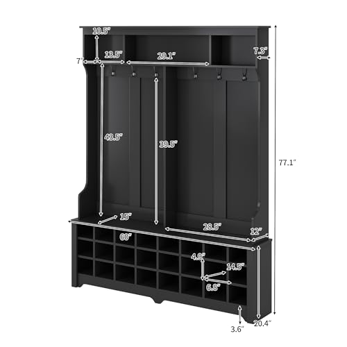 Modern Style Coat One with 3 Top Shelves,2 Flip Drawers,Wood Hallway Organizer with Storage, Metal Hanging Hooks,Hall Tree with Bench, Shoe Racks, White-2