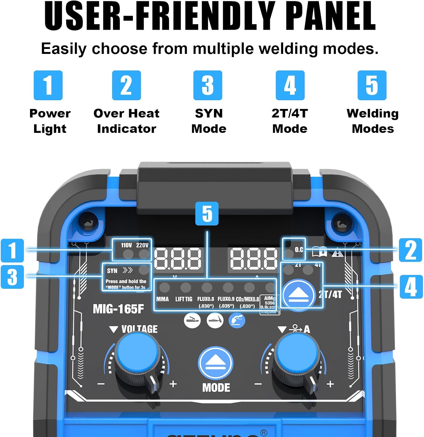 AZZUNO Aluminum MIG Welder 165Amp, Dual Vlotage 110V/220V 5-in-1 Welder Machine Gasless MIG/Gas MAG/Aluminum MIG/Stick/Lift TIG Welding with Semi-enclosed Structure