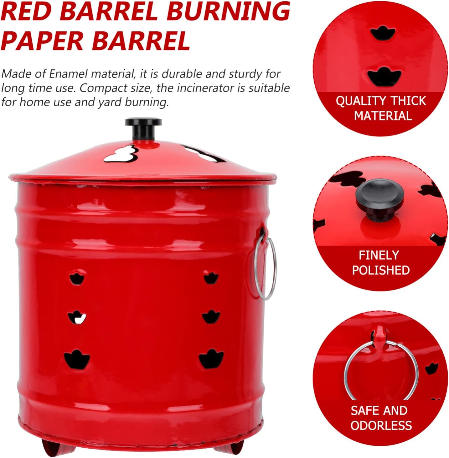 Enamel Burn Barrel Incinerator Cage Fire Pit Metal Garden Fire Cage Yard Debris Burn Incinerator Bin for Paper Leaf Trash Wood Log Backyard Bonfire Red