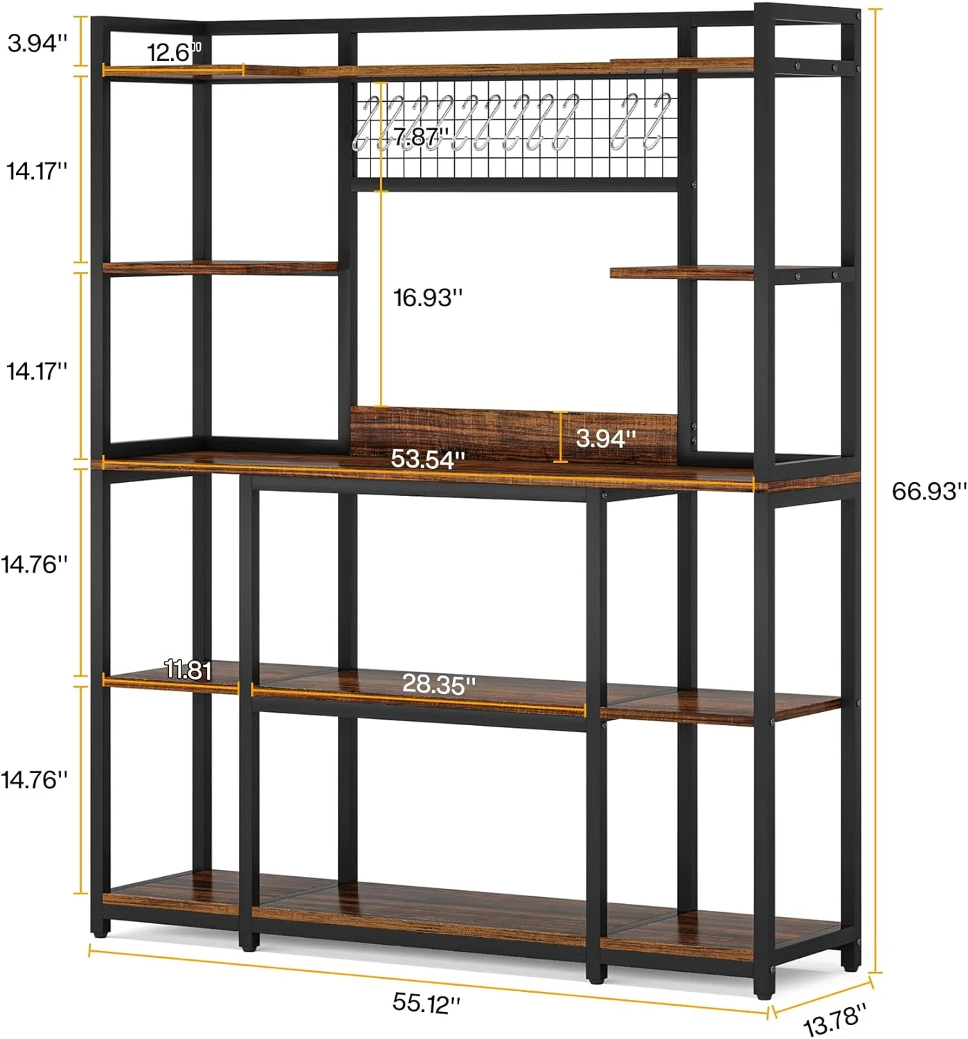 Tribesigns Large Bakers Rack, 55" Wide Kitchen Hutch Cabinet Microwave Stand with 11 Hooks, 5-Tier Baker's Rack Kitchen Storage Shelf Rack with Hutch, Rustic Brown
