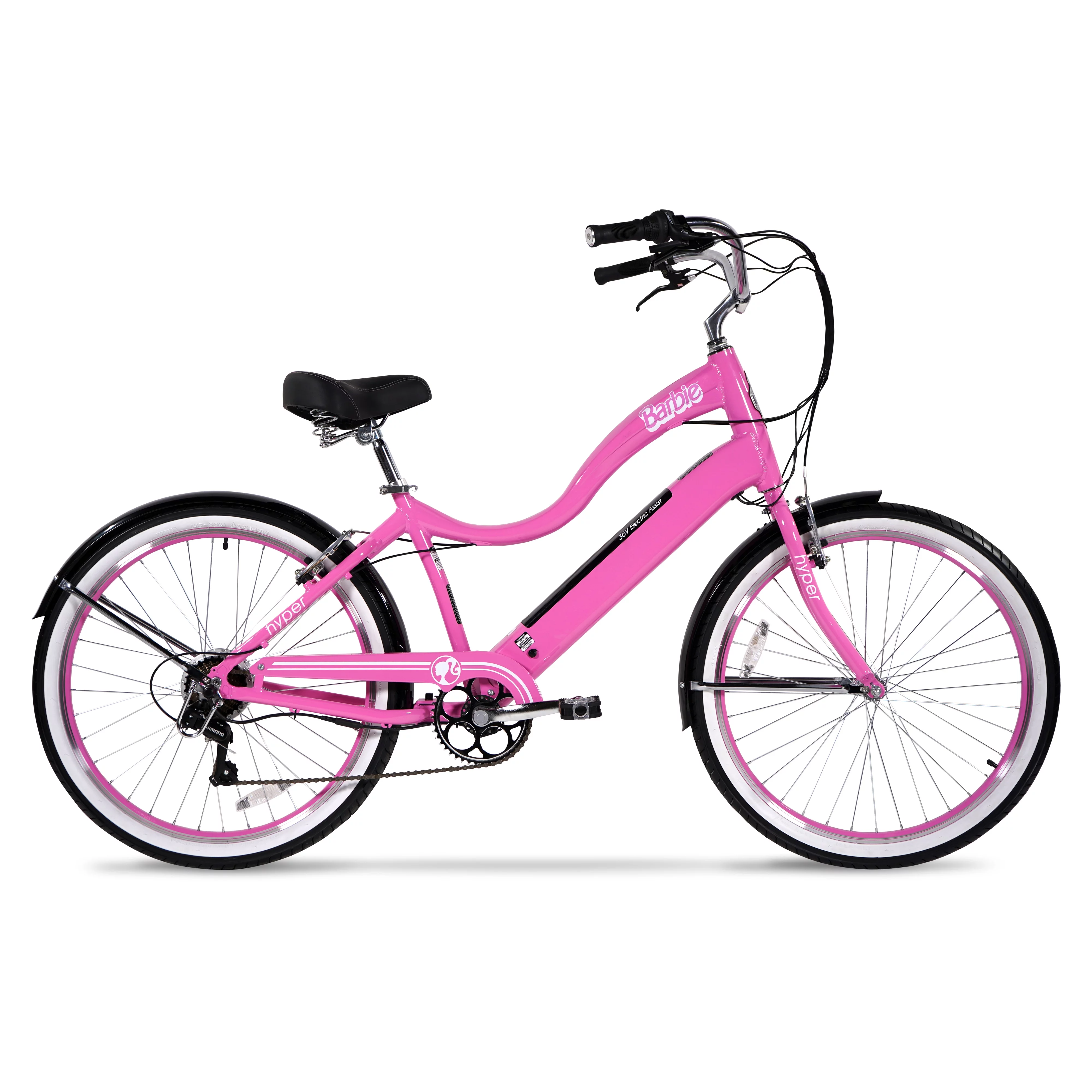 Hyper Bicycles Barbie 26" Ladies 36V Electric Cruiser E-Bike with Pedal-Assist, for adults, 250W Motor, Pink