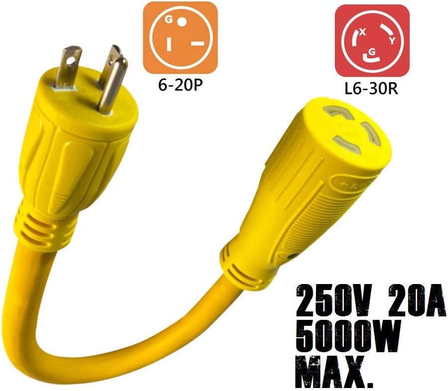 MARVINE CABLE Generator Cord Adapter 250V 20A NEMA 6-20P Male to 250V 30A NEMA L6-30R Locking Female 1.5ft Pack of 2