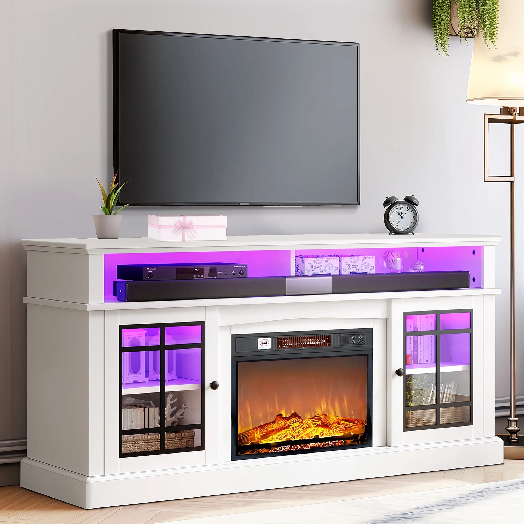 Dextrus LED Fireplace TV Stand for TVs up to 70" w/ Acrylic Glass Door, Farmhouse Highboy Entertainment Center with Electric Fireplace, White