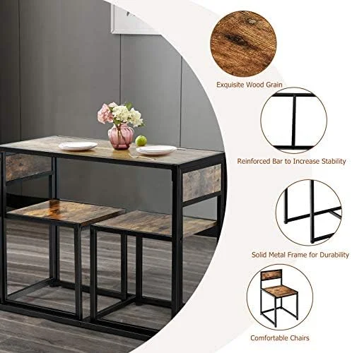 xrboomlife 3 Piece Dining Set  Industrial Dining Table with 2 Chairs  Small Kitchen Table Set with Metal Frame  Compact Bistro Table Set  Pub Breakfast Table for Small Space  Apartment (A