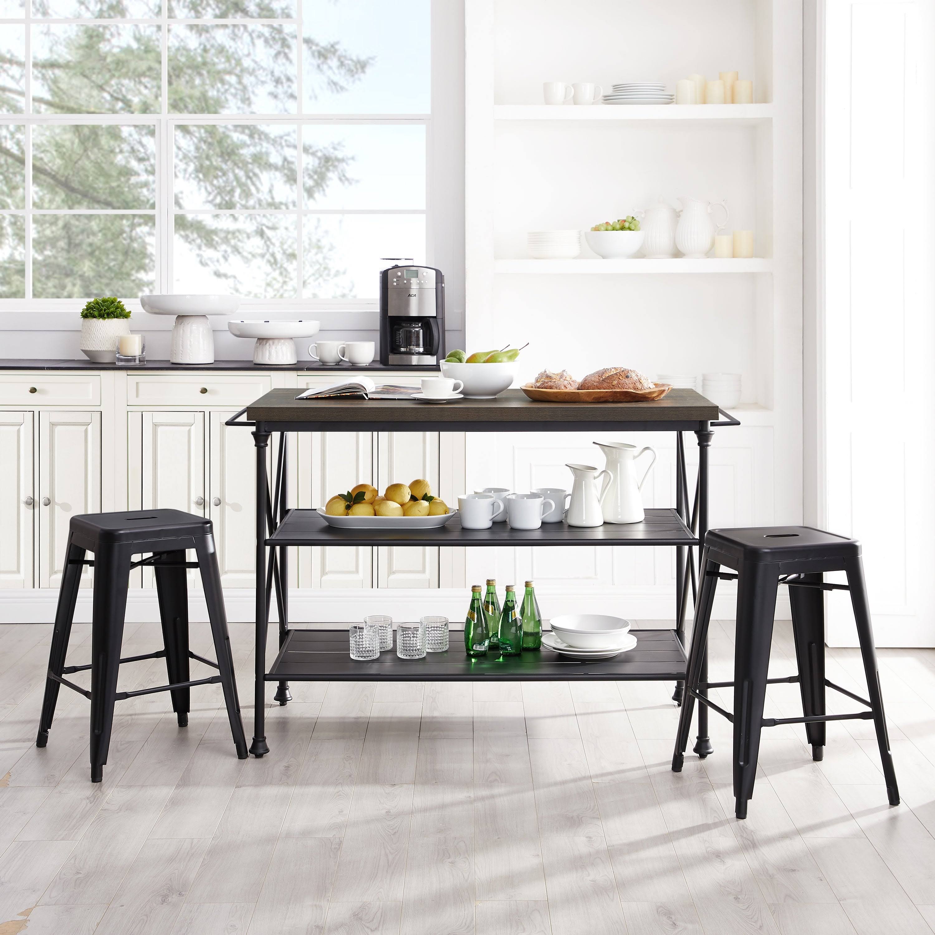 Crosley MADELEINE 3 Piece Kitchen Island 2 Stools Set Brown Black