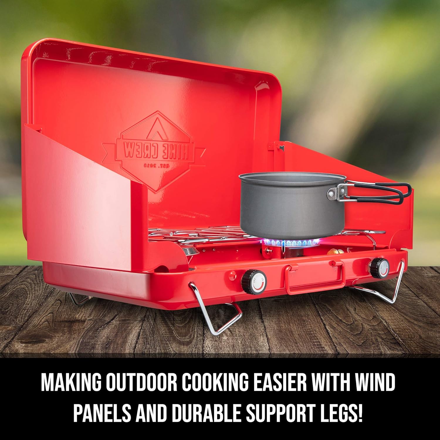 Hike Crew Gas Camping Stove | Portable Double Propane Burner | Built-in Carrying Handle, Foldable Legs & Wind Panels | Includes Regulator Tube Pack of 2