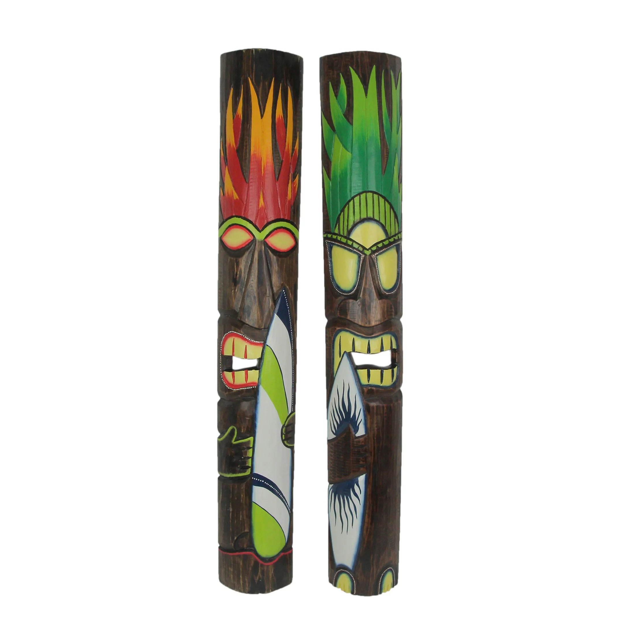 J.D. Yeatts Fire and Earth Carved Wood Surfer Tiki Wall Masks 39 inch (Set of 2) - Curated Treasures Market