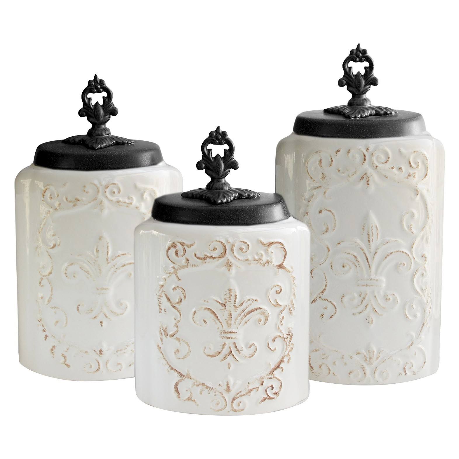 American Atelier 3-Piece White Fleur De Lis Canister Set