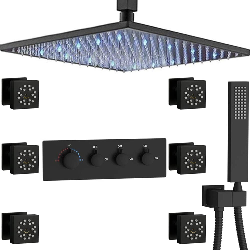 KATAIS 16 Inch LED Rain Shower Fixtures Thermostatic Multiple Rain Mixer Shower System with Body Jets, Polished Chrome Ceiling Mounted Brass Shower Faucet Combo Can Use All Functions At a Time