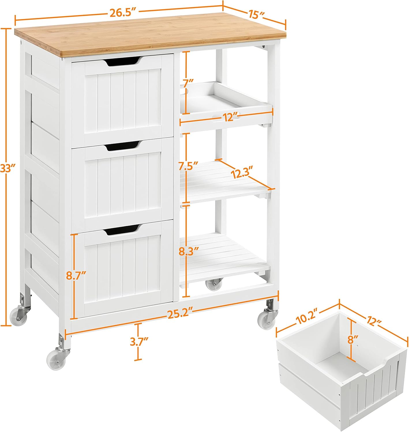 Topeakmart Rolling Kitchen Cart with Drawers and Open Shelves, Kitchen Island Serving Cart with Bamboo Top for Dinning Room, Laundry, White