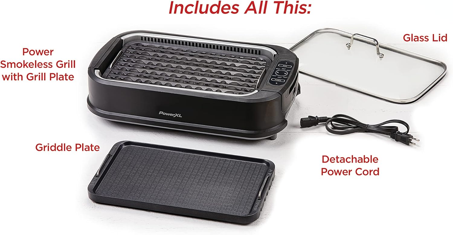 Power XL Smokeless Electric Indoor Removable Grill and Griddle Plates, Nonstick Cooking Surfaces, Glass Lid, 1500 Watt, 21X 15.4X 8.1, black
