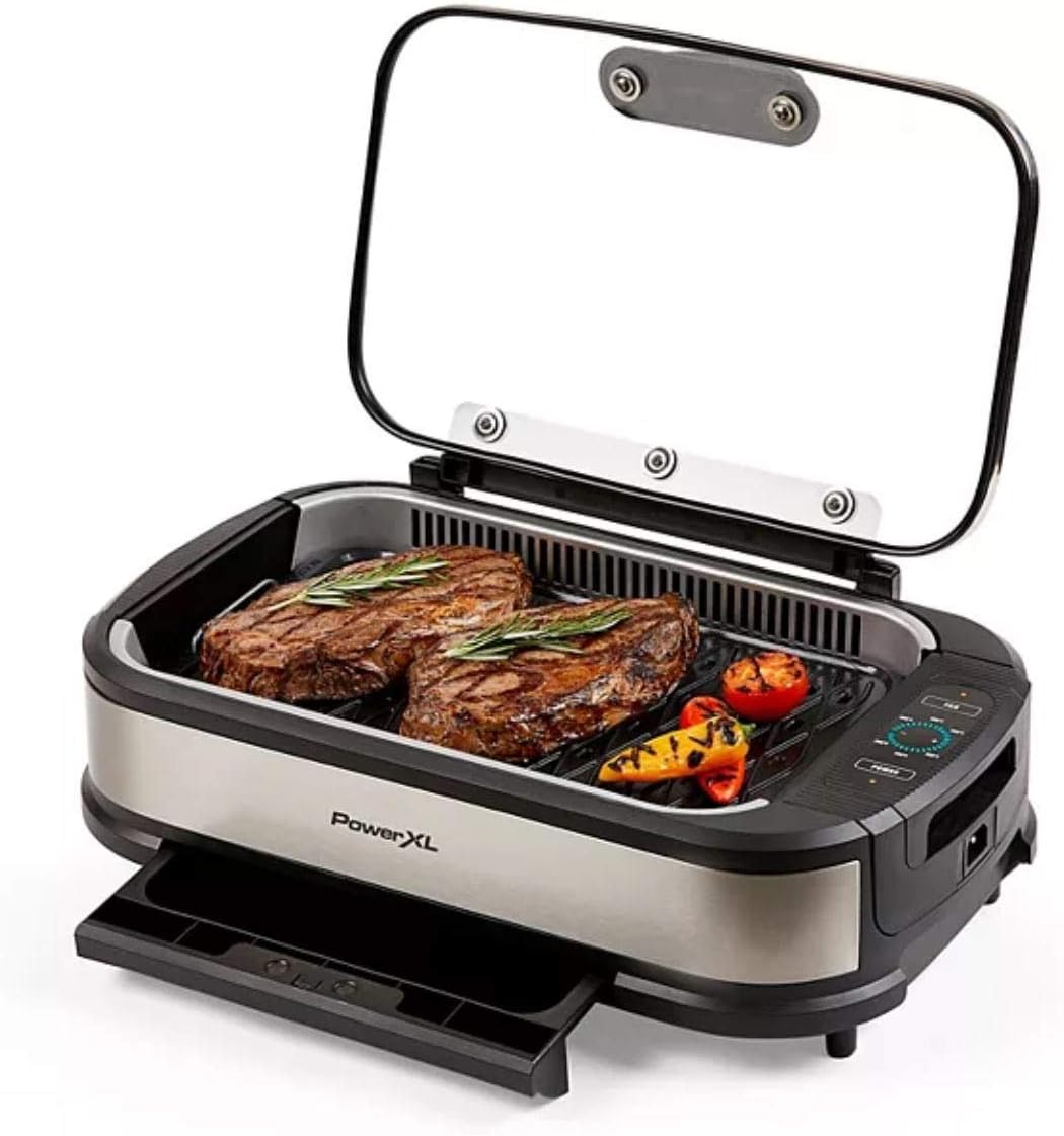 PowerXL Smokeless Grill Family Size- with Tempered Glass Lid with Interchangeable Grill and Griddle Plate and Turbo Speed Smoke Extractor Technology 22.1” X13.2” X 6.1