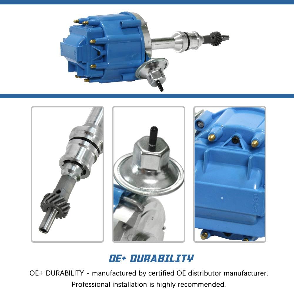 HEI Ignition Distributor for Small Block Ford 351W Windsor 5.8L 8 Cylinder New Distributor 65K Coil with Blue Cap Pack of 2