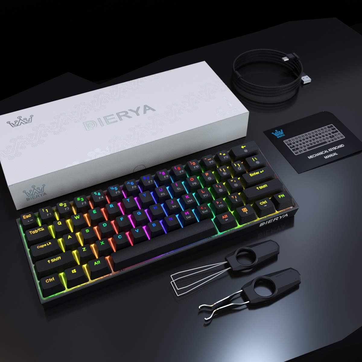 DIERYA DK61E 60% Mechanical Gaming Keyboard, RGB Backlit Wired PBT Keycap Waterproof Type-C Mini Compact 61 Keys Computer Keyboard with Full Keys Programmable (Gateron Optical Brown Switch) Pack of 2
