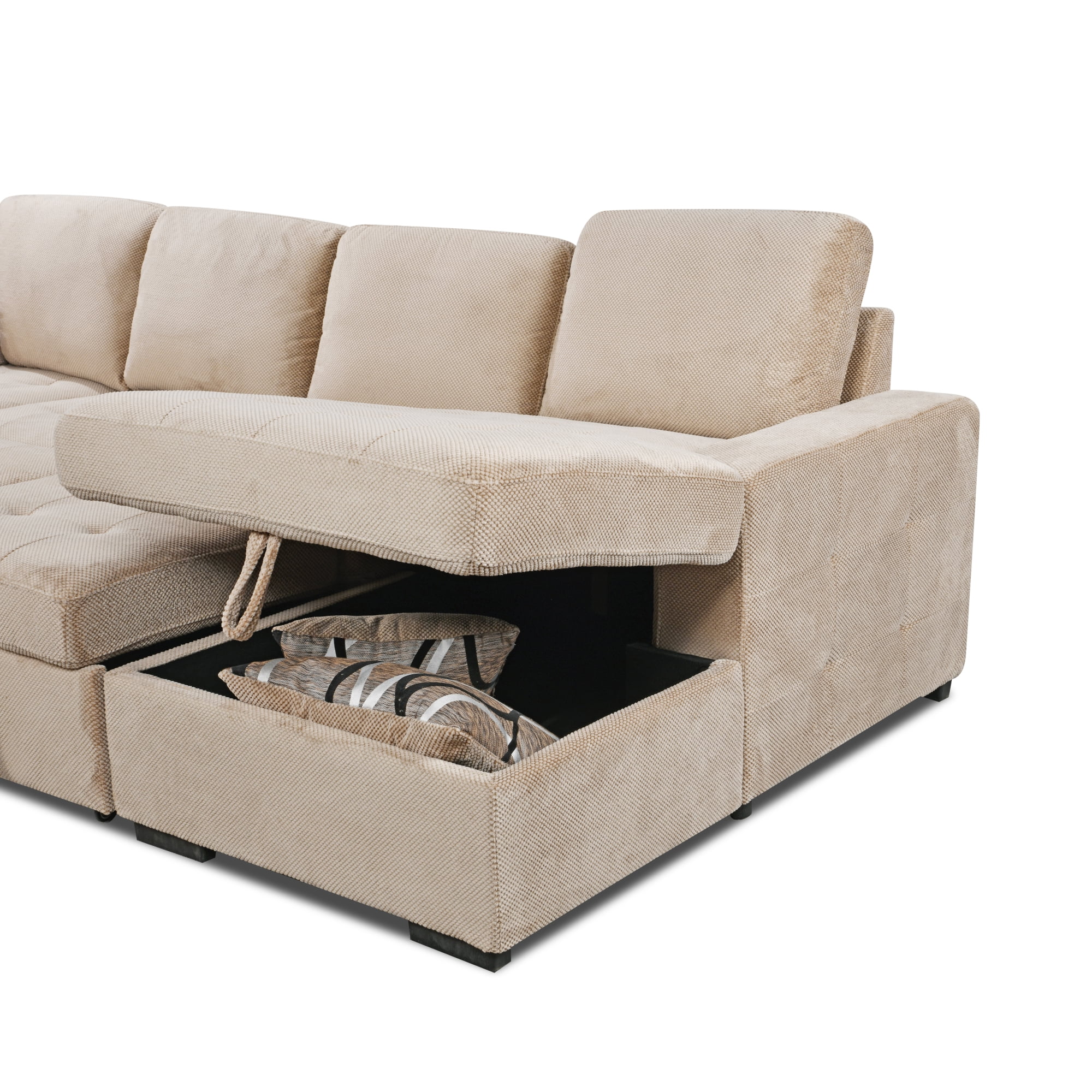 123" Oversized Sectional Sofa with Storage Chaise, U Shaped Sectional Couch with 4 Throw Pillows for Large Space Dorm Apartment. Beige