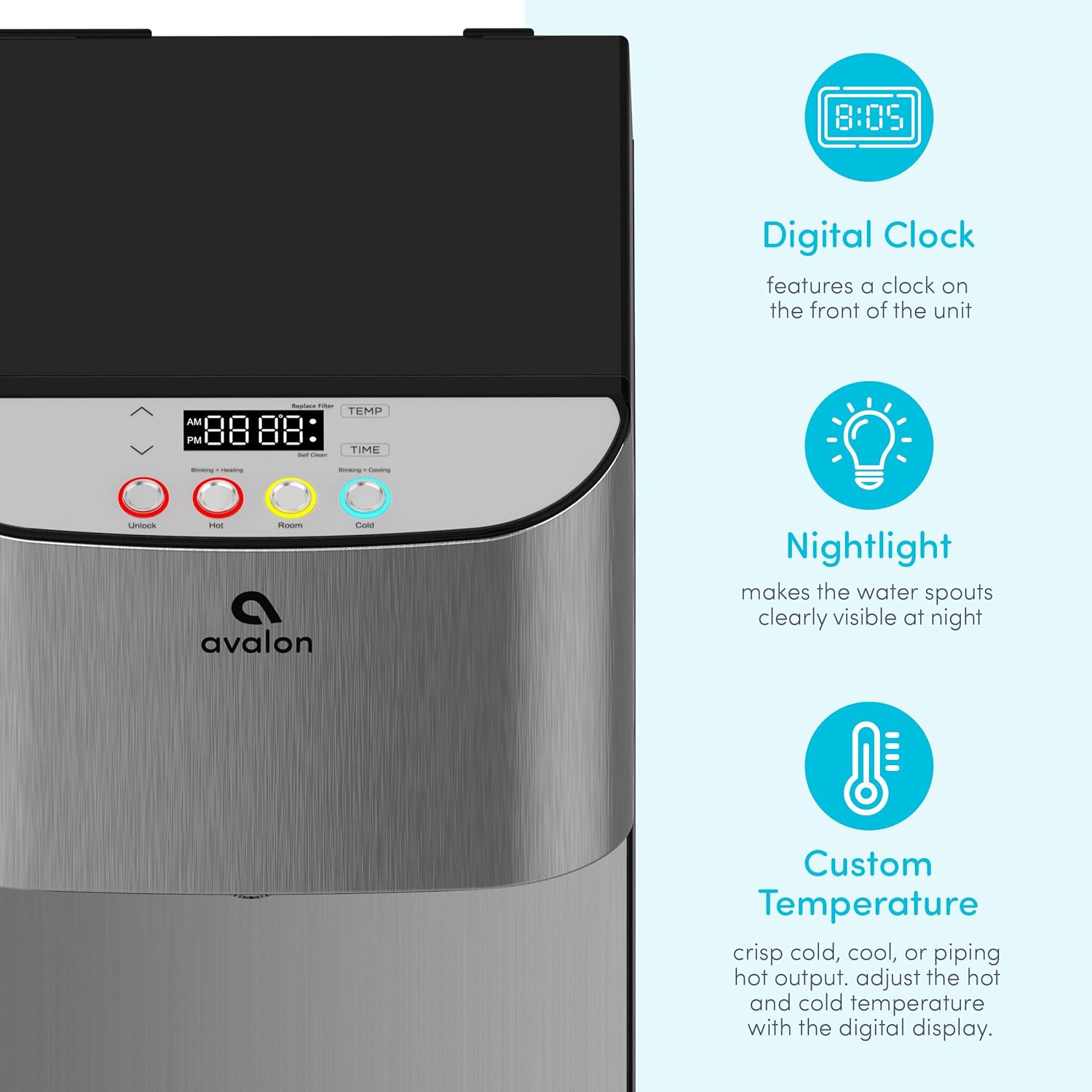 Avalon Electric Bottleless Water Cooler Water Dispenser - 3 Temperatures, Digital Clock with Temperature Control, Self Cleaning, Stainless Steel