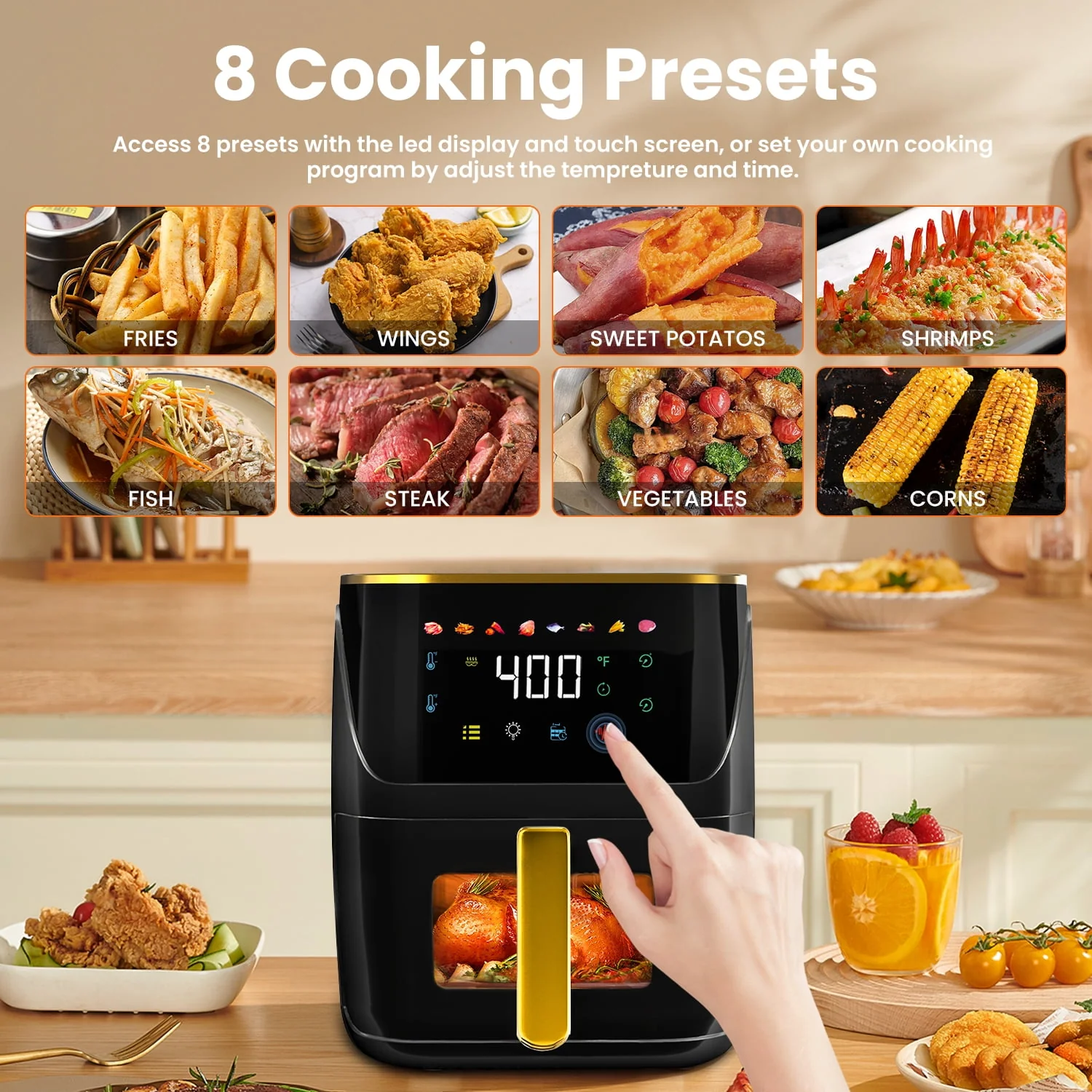 Newest Air Fryer Large 8.5 QT, White, 8 in 1 Touch Screen, Visible Window, 1750W