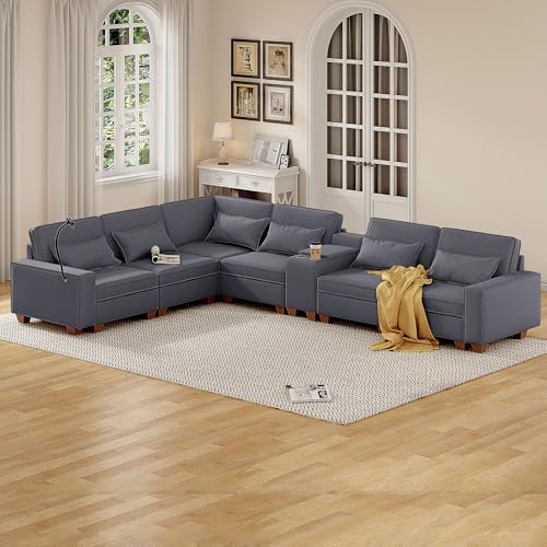 Modular Sectional Sofa, Convertible U Shaped Sofa Couch with Central Console & USB Ports, 7 Seat Modular Sectionals Couch with Chaise and Storage for Living Room, Light Grey
