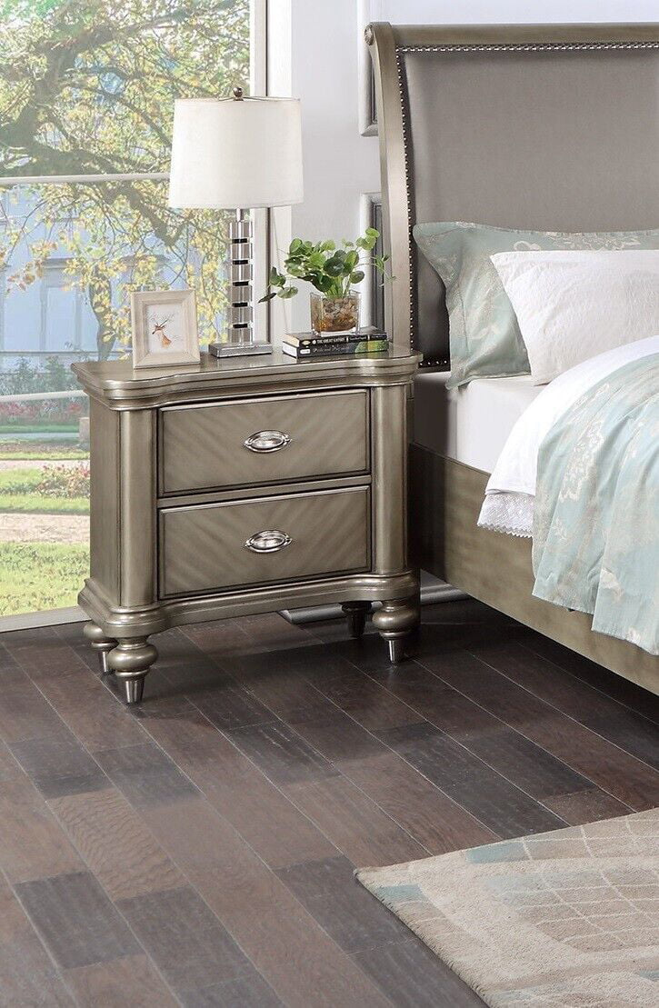 Eastern King Size Bed And 2x Nightstands Grey Finish Bedroom Furniture 3pc Set Gorgeous Classic Luxury Wooden Veneer