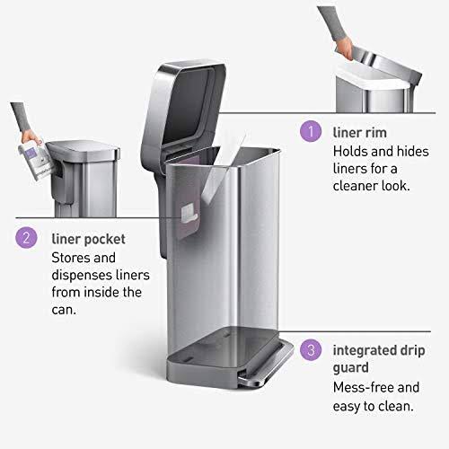 simplehuman 45 LITER Rectangular Kitchen Step Soft-Close, Brushed Stainless Steel with Plastic Lid Hands-Free Trash Can