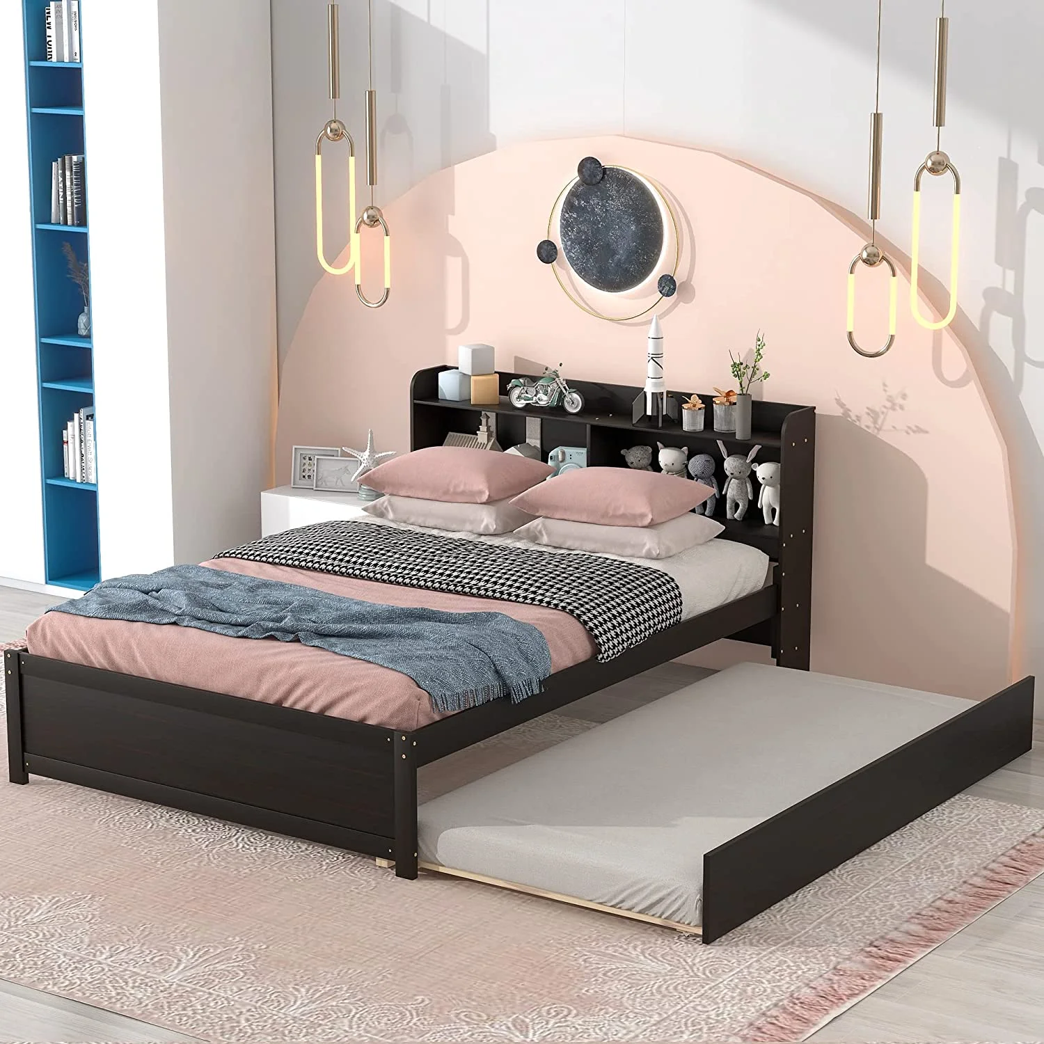 Full Size Platform Bed With Trundle And Bookcase. Wooden Storage Platform Bed With Storage Headboard. No Spring Box Needed. Espresoo