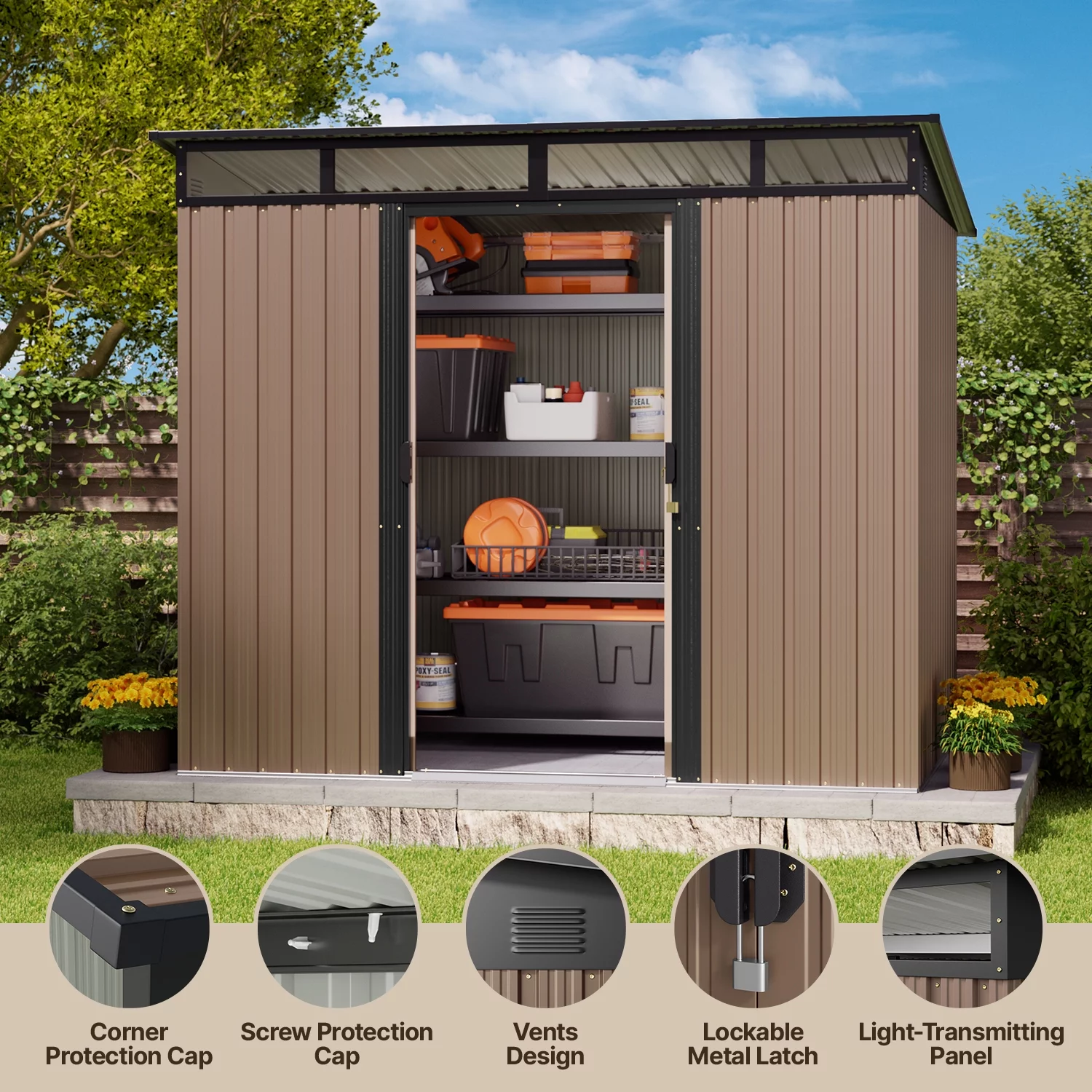 8'x6' Metel Shed, Lofka Outdoor Storage Shed,w/ Sliding Doors, Light Brown