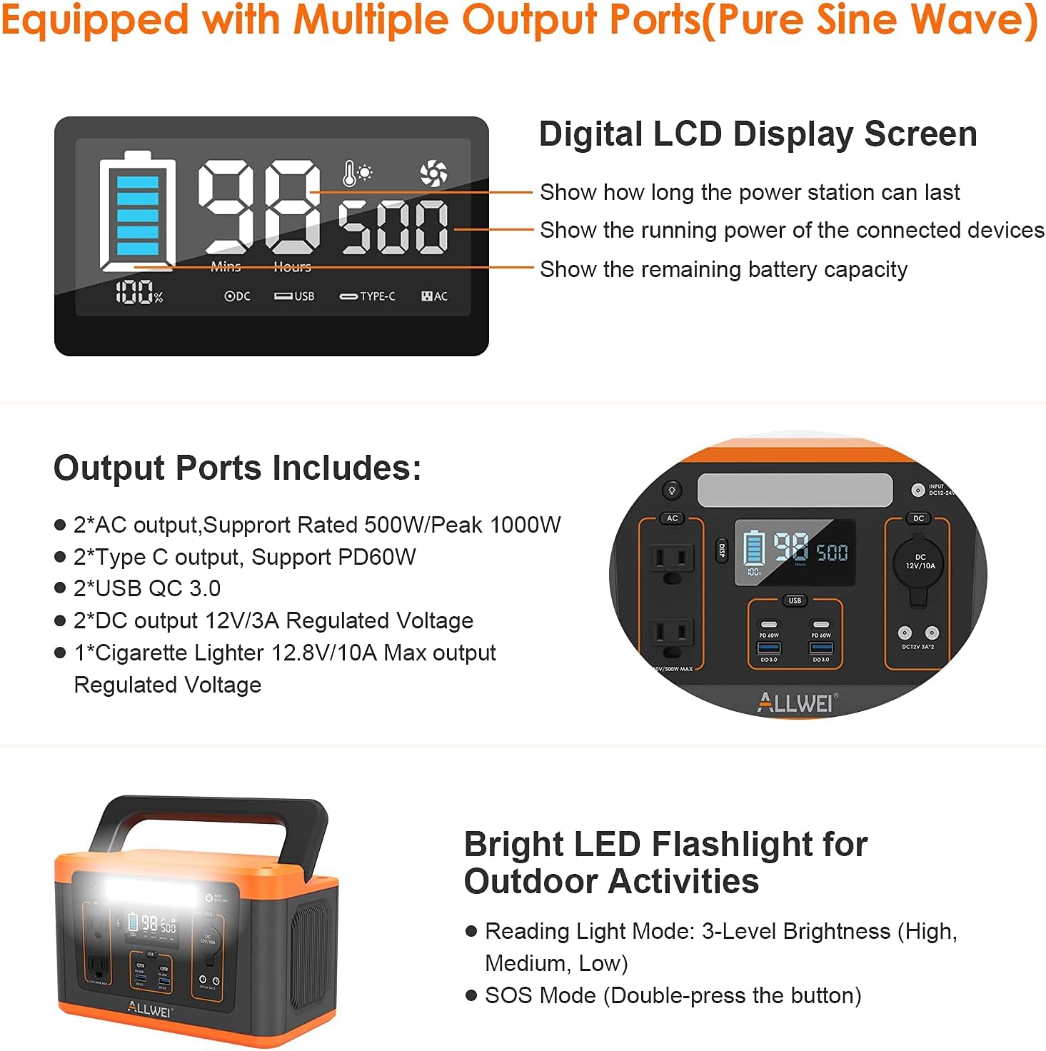 ALLWEI Portable Power Station, 280Wh Backup Lithium Battery, Regulated DC for mini Cooler, USB-C PD60W, 300W Pure Sine Wave AC Outlet Solar Power Generator for Outdoors Camping Travel Emergency