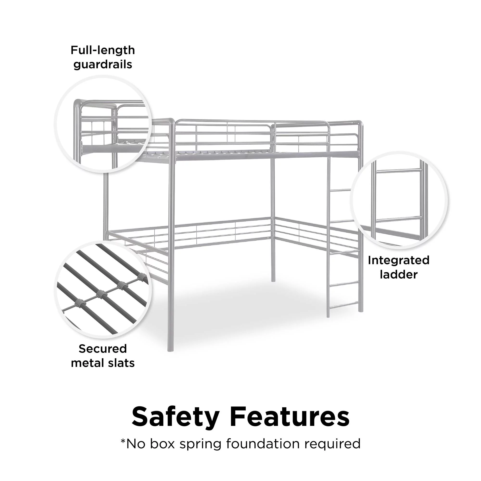 DHP Tommy Full Metal Loft Bed, Silver