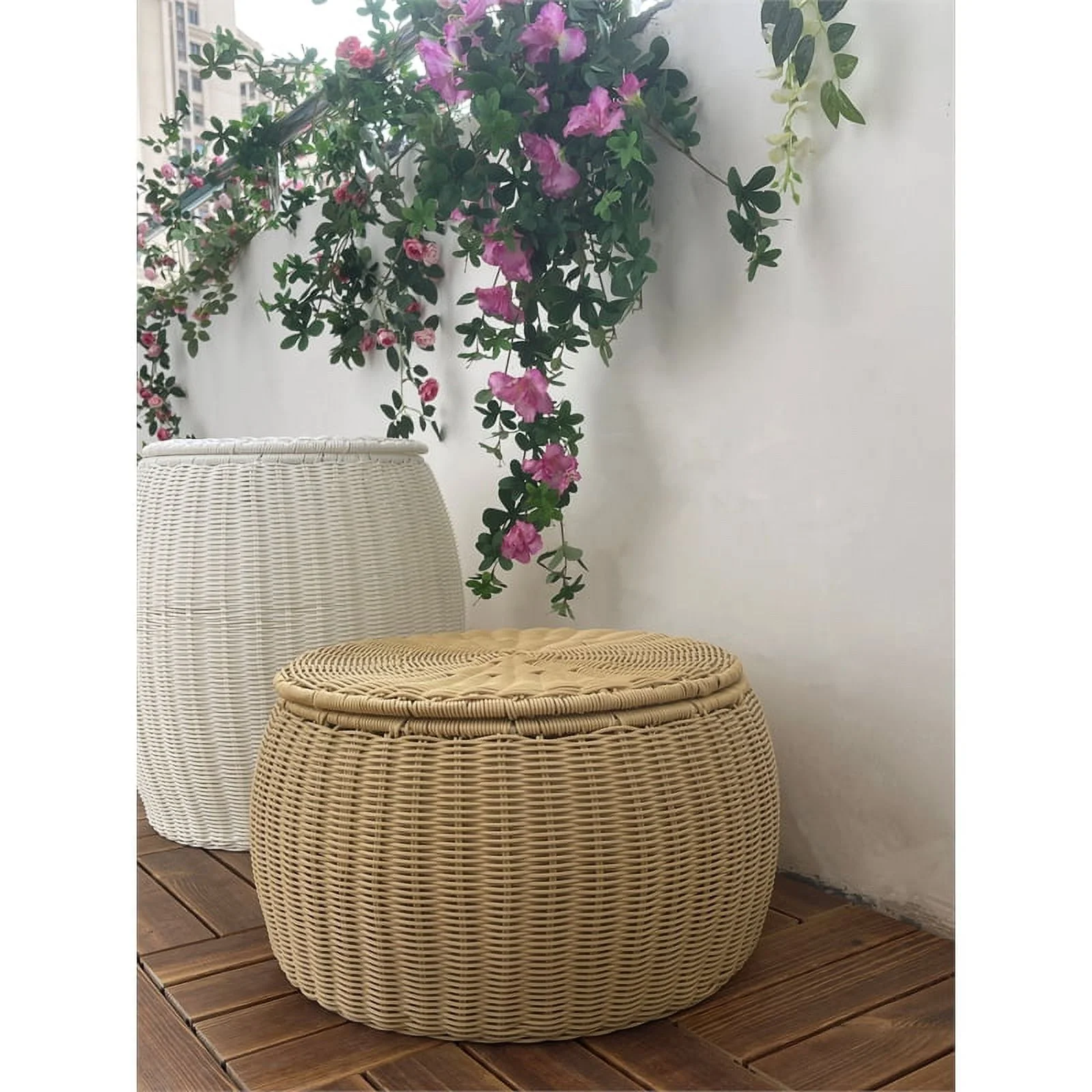 ELE Light & Decor Wicker / Rattan Footstool with Storage Seat in Tan/Beige