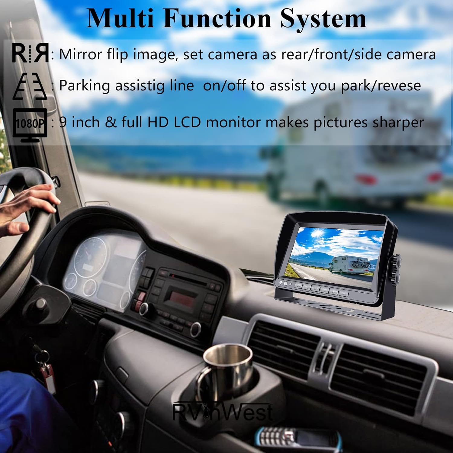 Backup Camera System with 9'' 1080P Monitor for RV Semi Box Truck Trailer Camper, 4 Split Screen Quad View HD DVR Record Monitor + IP69 Waterproof Night Vision Rear Side View Camera Avoid Blind Spot