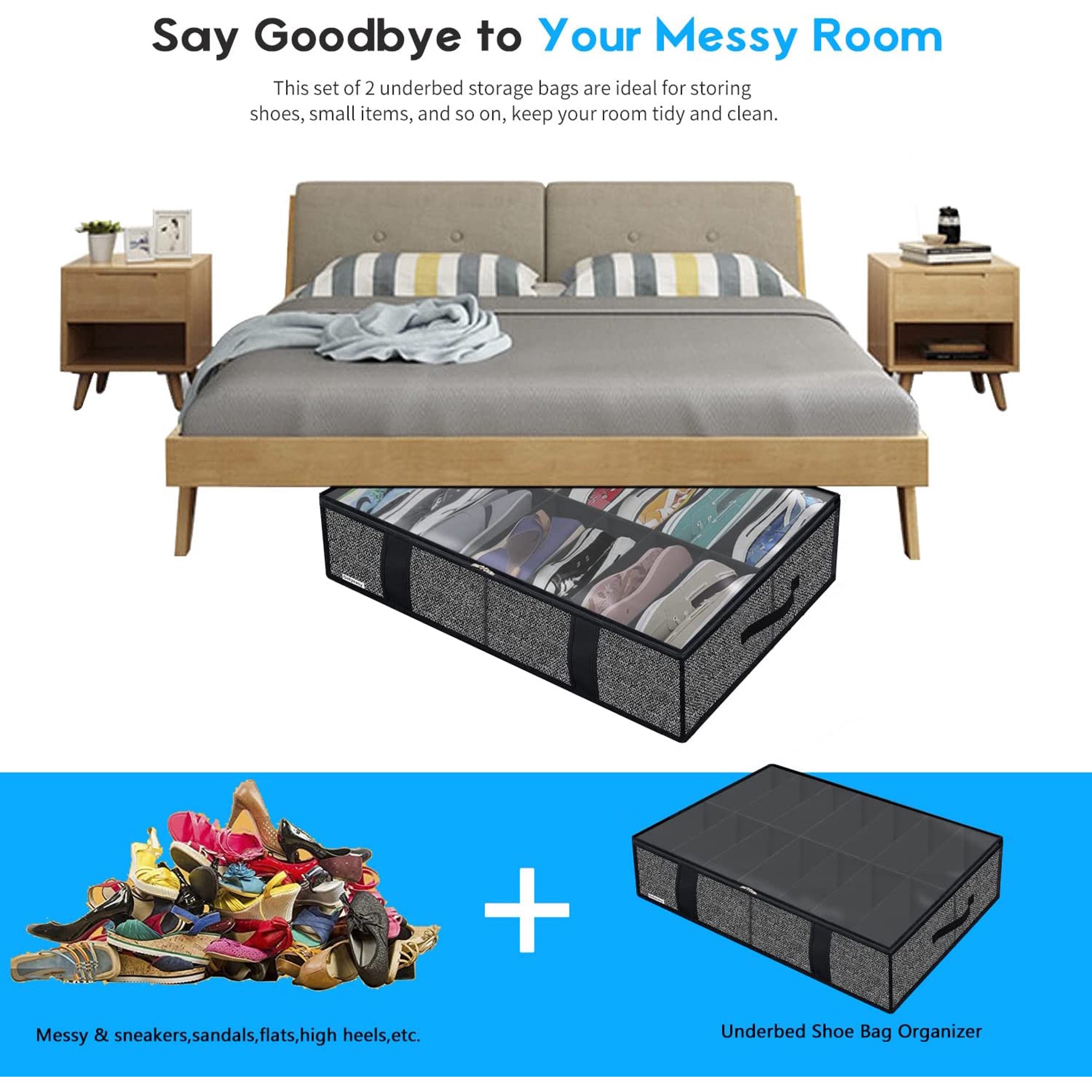 Under Bed Shoe Storage Organizer with Sturdy Handles and Clear Window  Premium Foldable Underbed Shoes Container Box for Closet, Linen-like Black