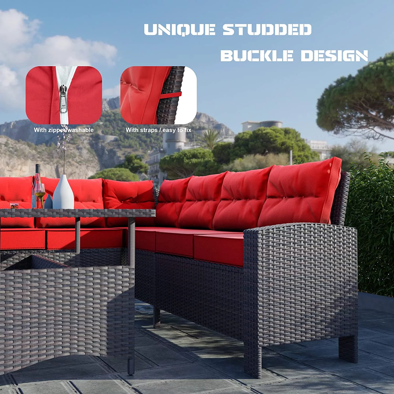 Gotland 7 Piece Outdoor Patio Furniture Set All-Weather Wicker Rattan Sofa Set Outdoor Sectional Conversation Set with 3 Loveseats,1 Dining Table and 3 Footrests,Red