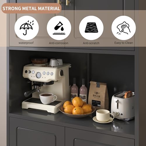 Kitchen Pantry Cabinet with Acrylic Glass Doors, 75" Metal Kitchen Hutch with Countertop, Adjustable Shelves, Freestanding Food Pantry Cabinet for Living, Dining Room, Black, Assembly Required