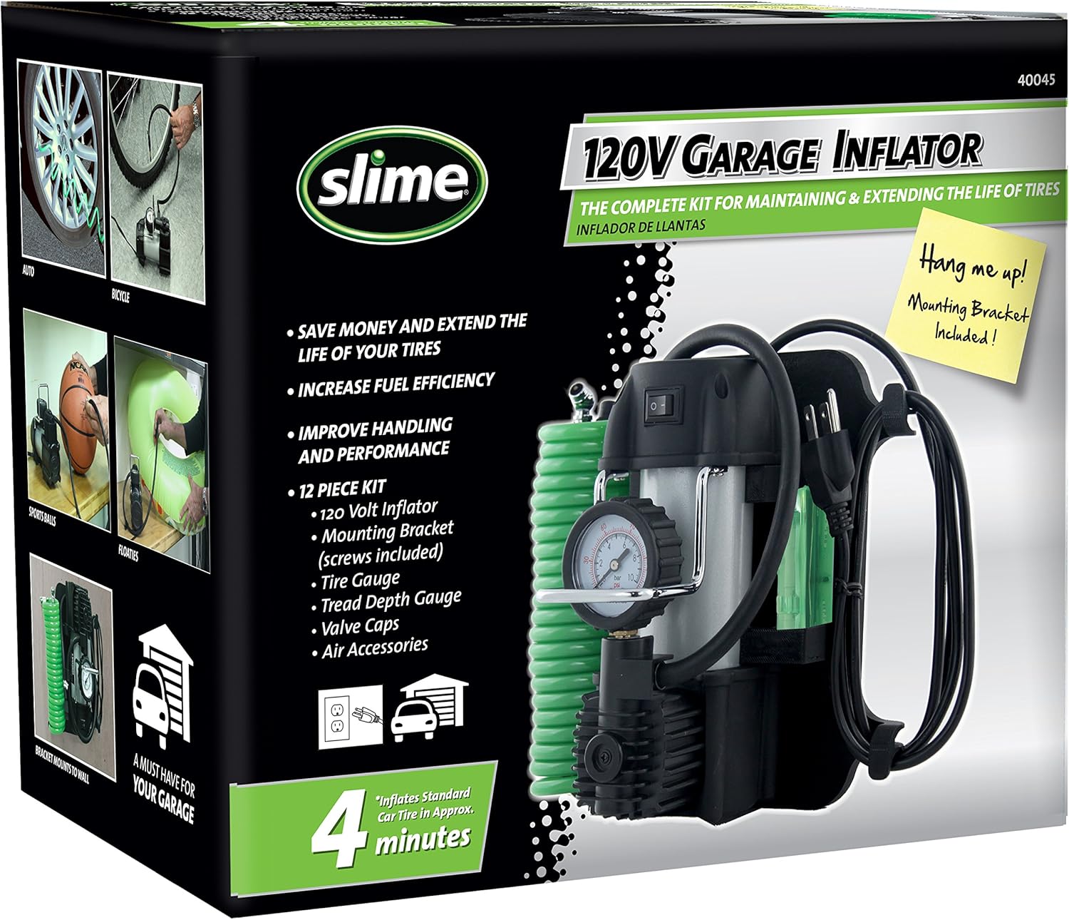 Slime 40045 Home Tire Inflator, Wall Mounted 120v, SUV, 4x4 Air Compressor, Heavy Duty, 2X Pro Power, Heavy Duty, with Analog 150 psi Dial Gauge, Long Hose and LED Light, 120V, 4 min Inflation Pack of 2
