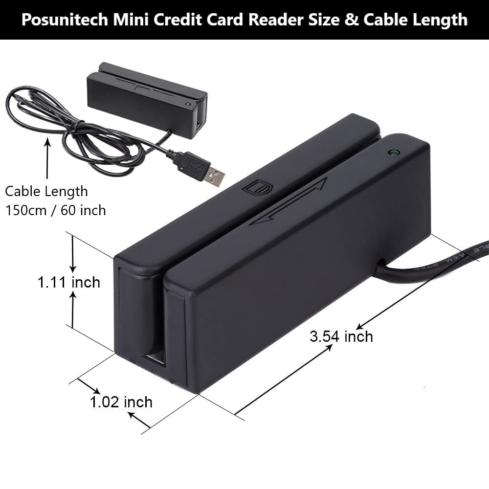 Posunitech Mini Msr100 Swipe Magnetic Credit Card Reader 3 Tracks Hi/Lo Data Collector, USB Msr Stripe Card Reader for Point of Sale (POS), Access Control, ID Verify