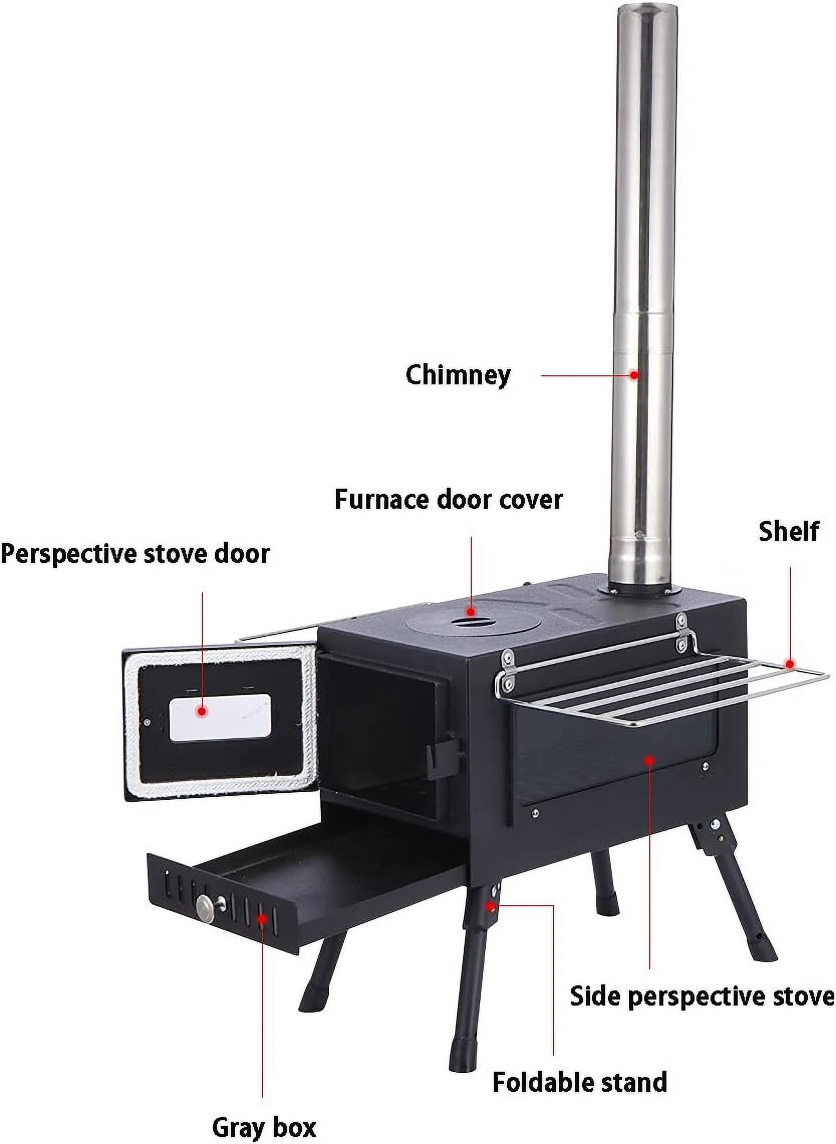Camping Tent Stove,Large Tent Wood Stove with Window and 6 Chimney Pipe,Outdoor Portable Wood Burning Stove for Camping Hiking Travel Picnic