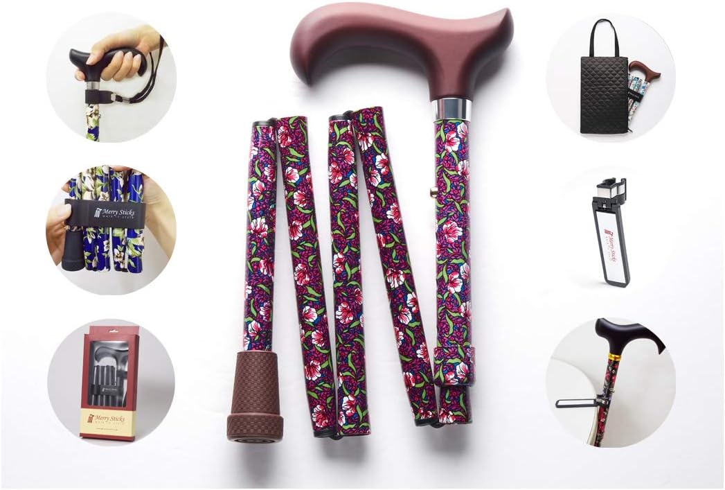 [Combo Set] Merry Sticks Designer Folding Adjustable Walking Cane. Includes a Convenient Cane Bag and a Smart Reflective Cane Holder. Walking Stick