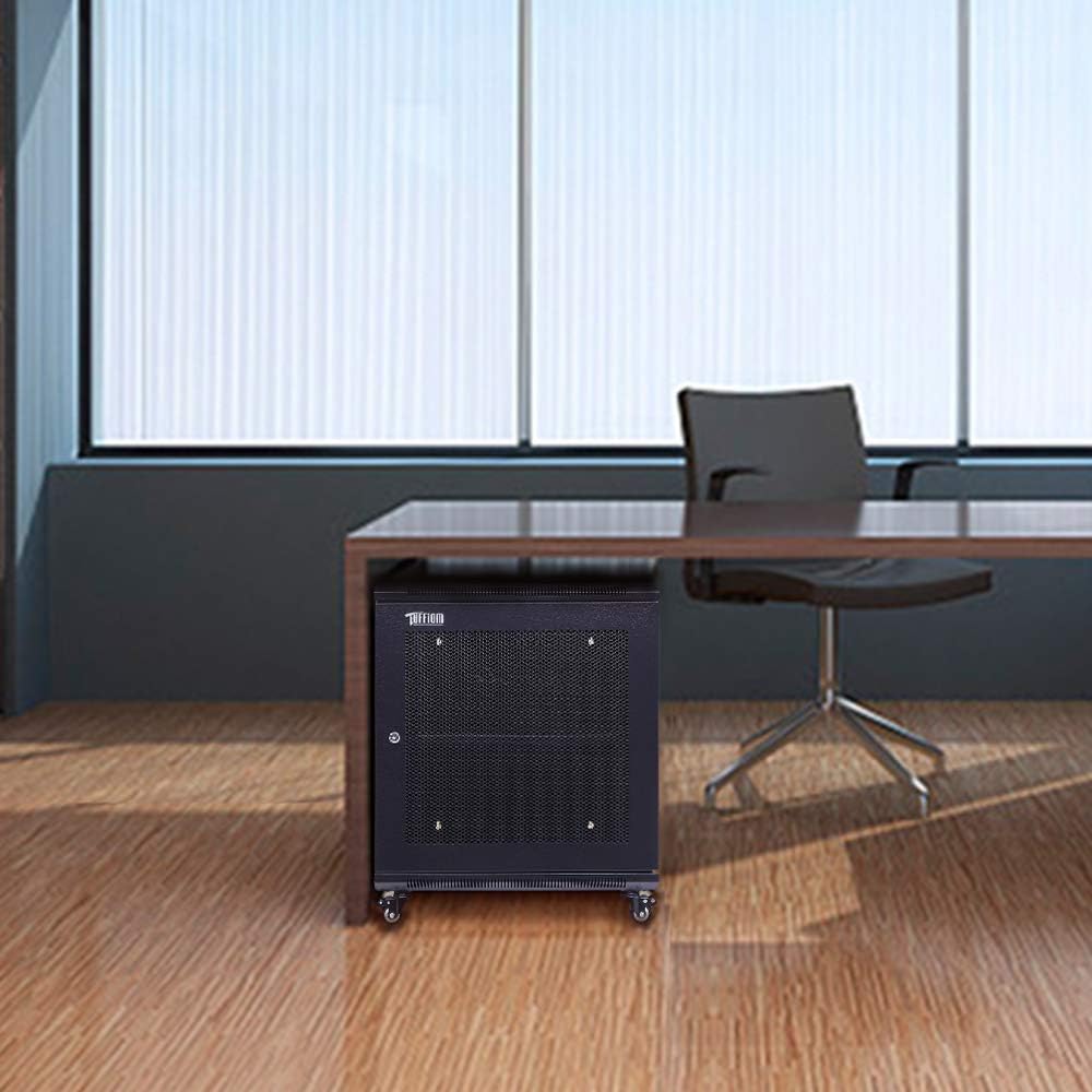 TUFFIOM 12U Casters Network Enclosure, 19 Inch Consumer Series Server Equipment Rack, Computer Date IT Network Cabinet Include 3 Side Panel Locks, Cooling Fan, No Assembly Required
