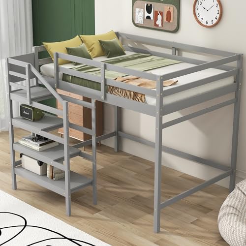Harper & Bright Designs Full Loft Bed with Staircase and Storage Wardrobe, Wooden Full Size Loft Bed Frame with Storage Shelf, High Full Loft Beds for Kids Boys Girls Teens Dorm Bedroom (Full, Gray)