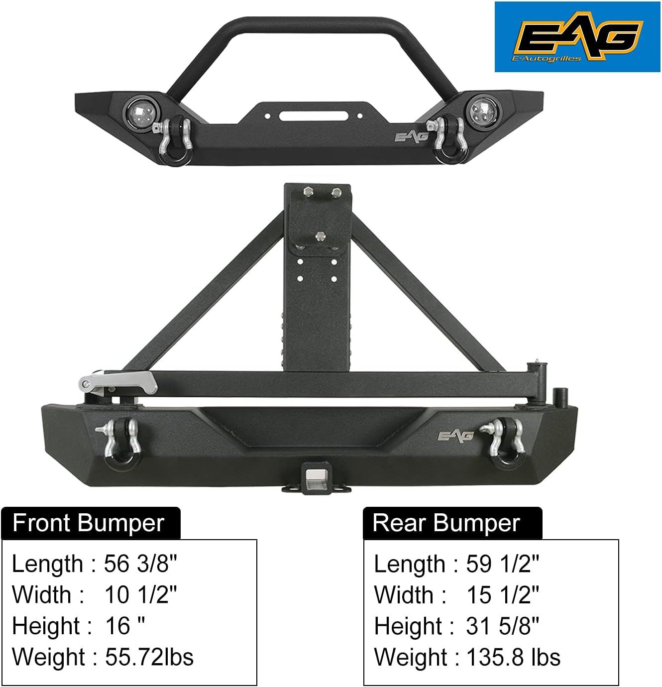 EAG Front LED Bumper and Rear Bumper with Assembled Tire Carrier Fit for 87-06 Wrangler TJ YJ