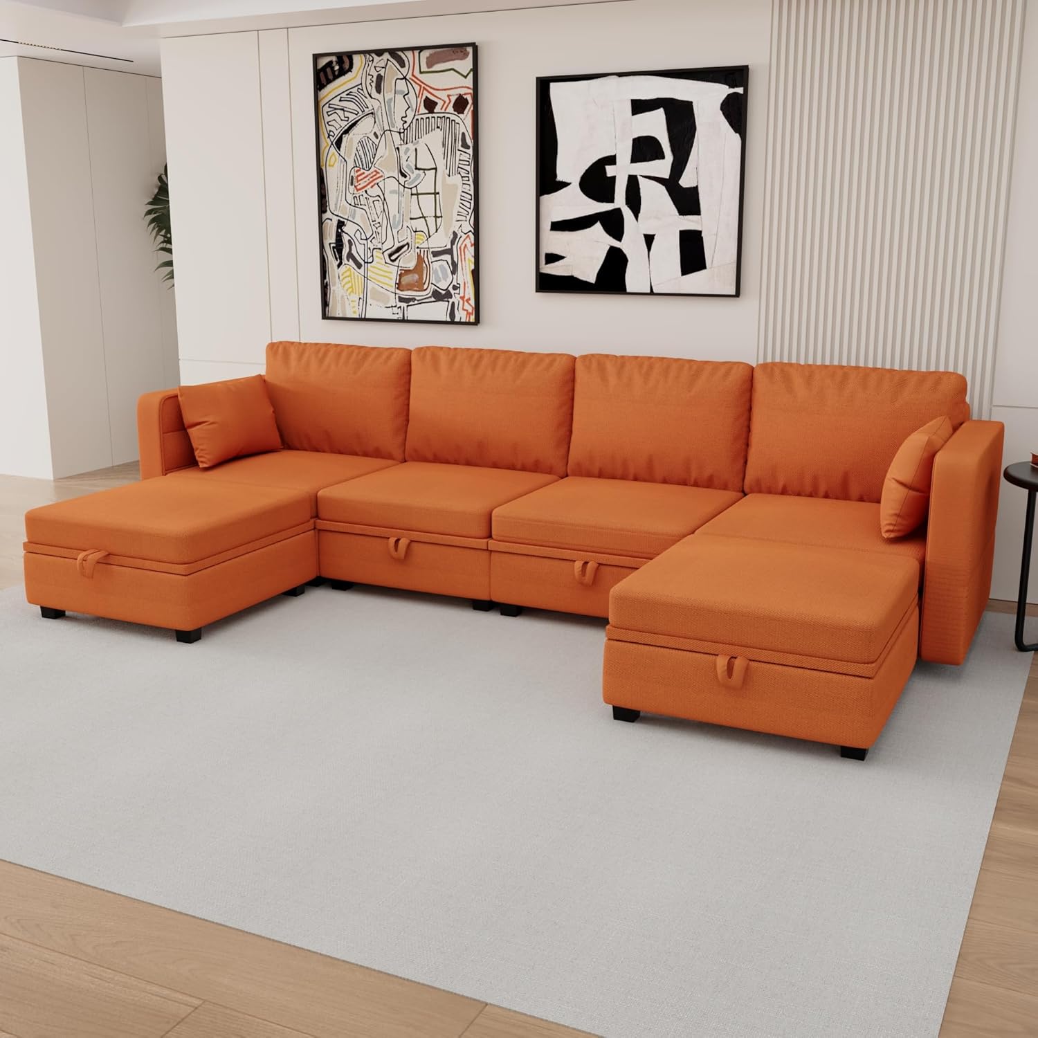 110.2" U Shaped Sectional Sofa Couch, Convertible Modular Sectional Sofa 6 Seat Oversized Modern Fabric Couch with Storage Seat for Living Room Apartment Office (Orange)