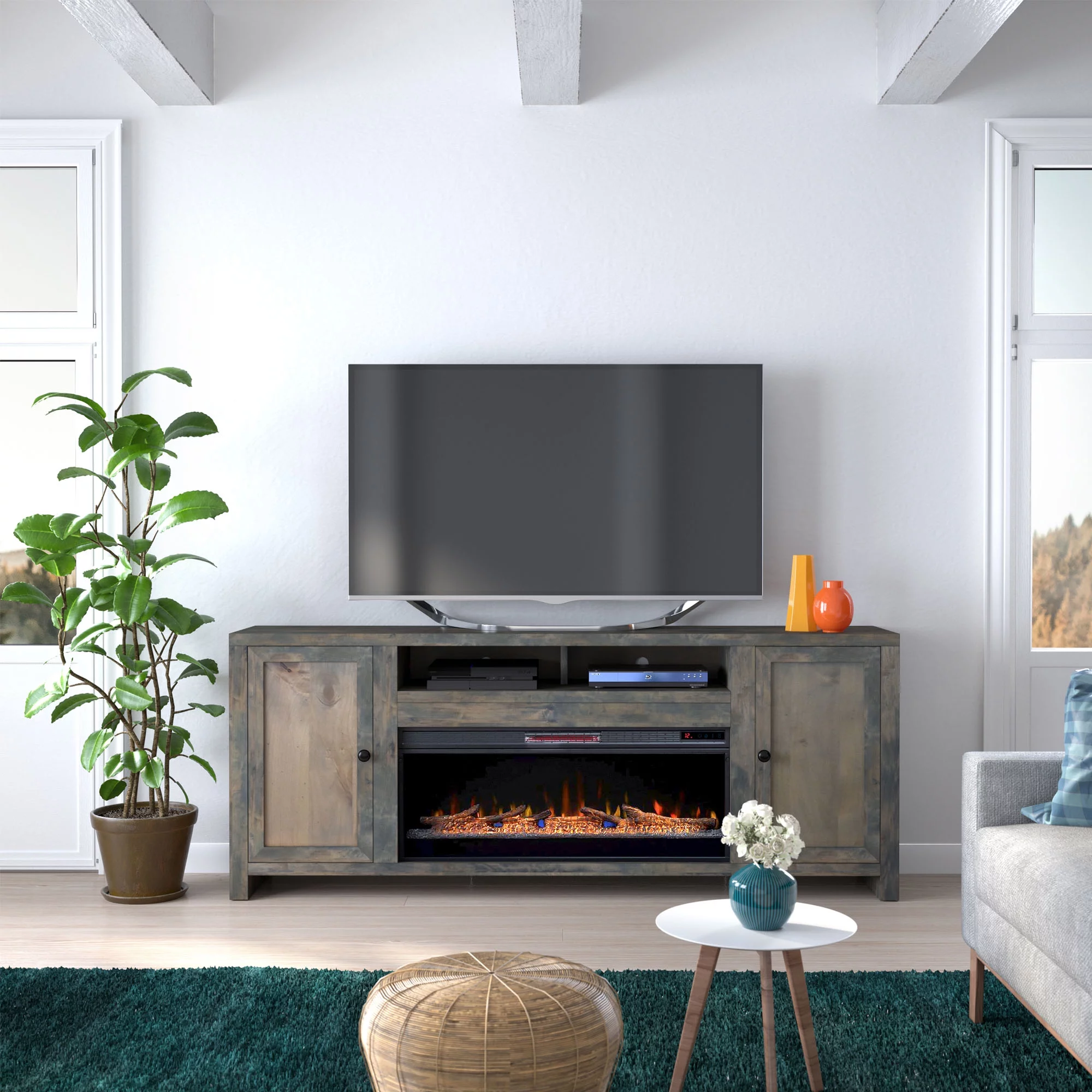 BVH 85 inch Fireplace TV Stand for 75 inch Tv's , Rustic, No Assembly Required, Solid Wood and Veneers, Barnwood