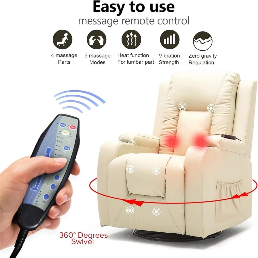 Deluxe Lazy Boy Recliner Chair Massage Rocker with Heated PU Leather - Ergonomic Lounge 360 Degree Swivel Sofa Seat with Drink Holders - Living Room Chair Cream - Relax in Ultimate Comfort