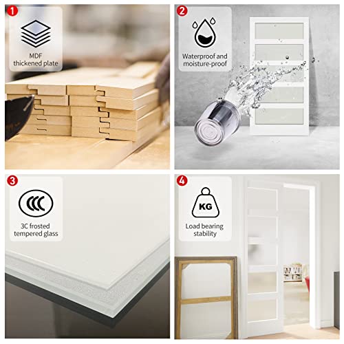 Double Sliding Pocket Door 60"（30" x2） x 80" - 5 Lites Tempered Frosted Glass Panels, Interior & Closet Single Door Slab, White Primed - Panel Assembly (Needed without Hardware Kit