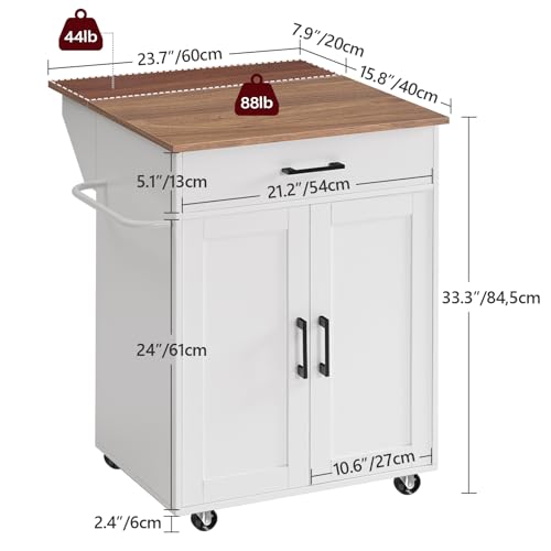 Kitchen Island on Wheels with Drop Leaf, Folding Countertop Kitchen Island Cart, Kitchen Island Table with Towel Rack, Drawer, for Kitchen, Dining Room, White and Natural KINW12501