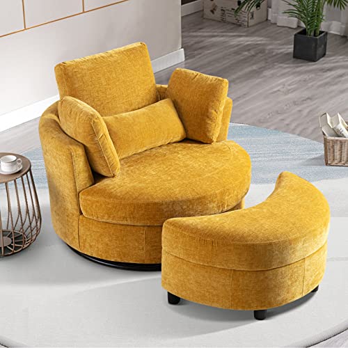 Chair and A Half with Ottoman, 360° Swivel Accent Barrel Chair Modern Comfy Round Reading Sofa Swivel Chairs Circle Lounge Chair for Bedroom Living Room w/4 Pillow Lower Seating Heigh (White, Large)